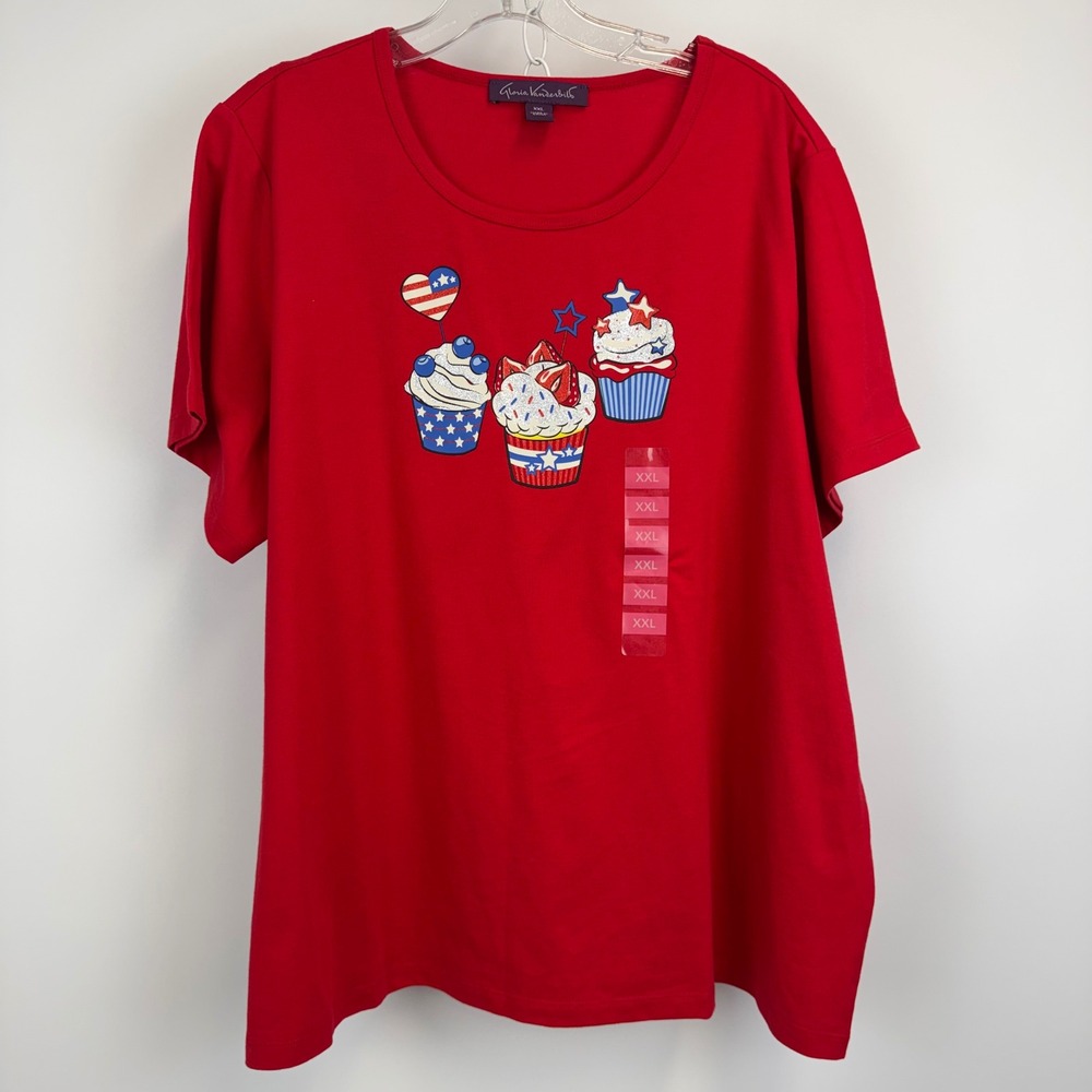 Gloria Vanderbilt Red Patriotic Cupcake T-Shirt XXL Star Stripes Glitter NWT